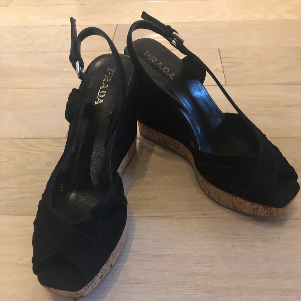 PRADA Black Suede Cork Wedges - Size 8 - Picture 3 of 8
